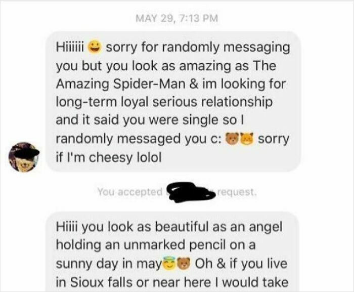 Screenshot of cringy message from a man trying to flirt with a woman, full of cheesy compliments and awkward humor.