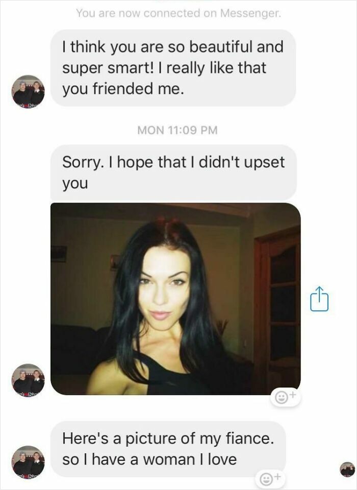 Screenshot of conversation with cringy man hitting on woman, not taking "no" for an answer.