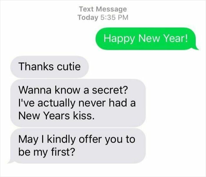 Text thread showing cringy messages from a man trying to ask for a New Year's kiss.