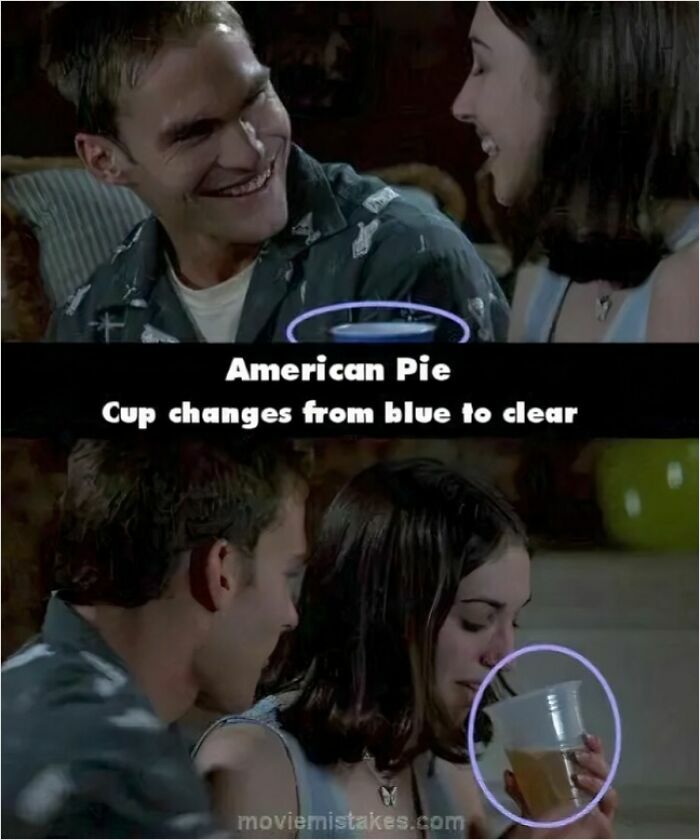 Scene from American Pie showing a movie mistake where the cup changes from blue to clear between shots.