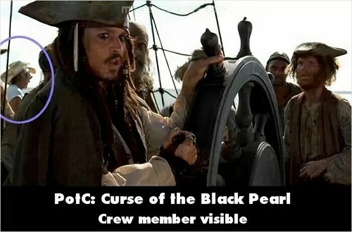 Scene from Pirates of the Caribbean with visible crew member, illustrating movie mistakes missed by viewers in classic films.