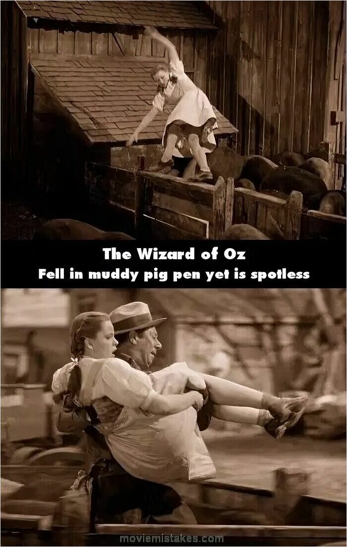 Scene from The Wizard of Oz showing a movie mistake where Dorothy remains spotless after falling in a muddy pig pen.