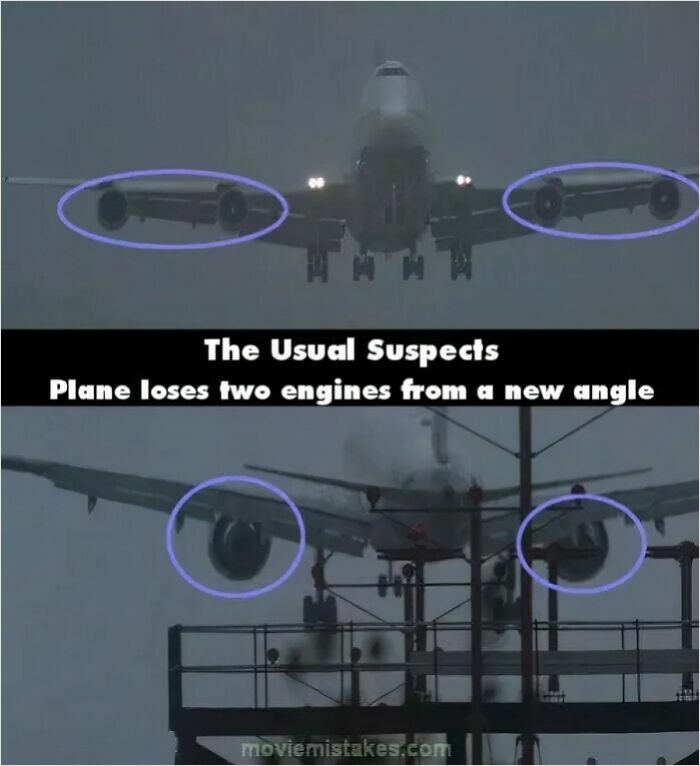 Scene from The Usual Suspects showing a movie mistake with a plane losing two engines from a new angle.