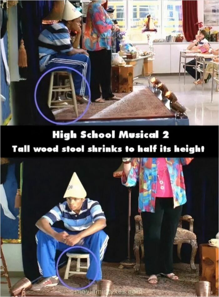 Scene from High School Musical 2 showing a movie mistake with a wooden stool changing height.