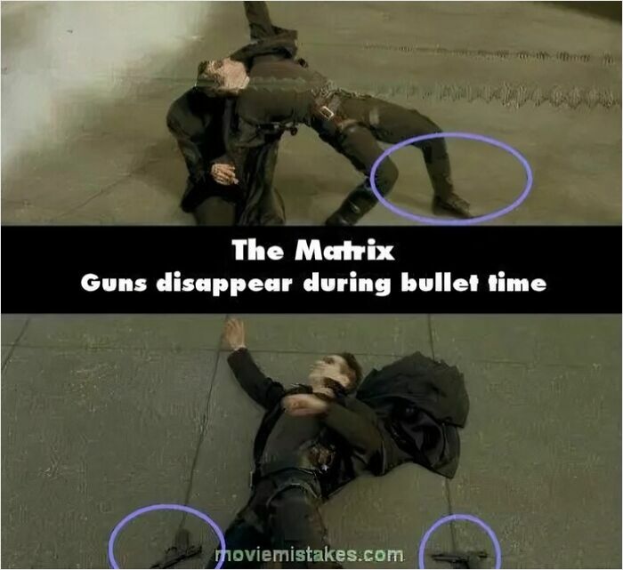 Scene from The Matrix showing guns disappearing during bullet time, highlighting a notable movie mistake in classic films.