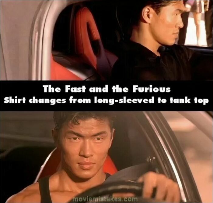Scene from The Fast and the Furious showing a shirt changing mistake, highlighting movie mistakes in classic films.
