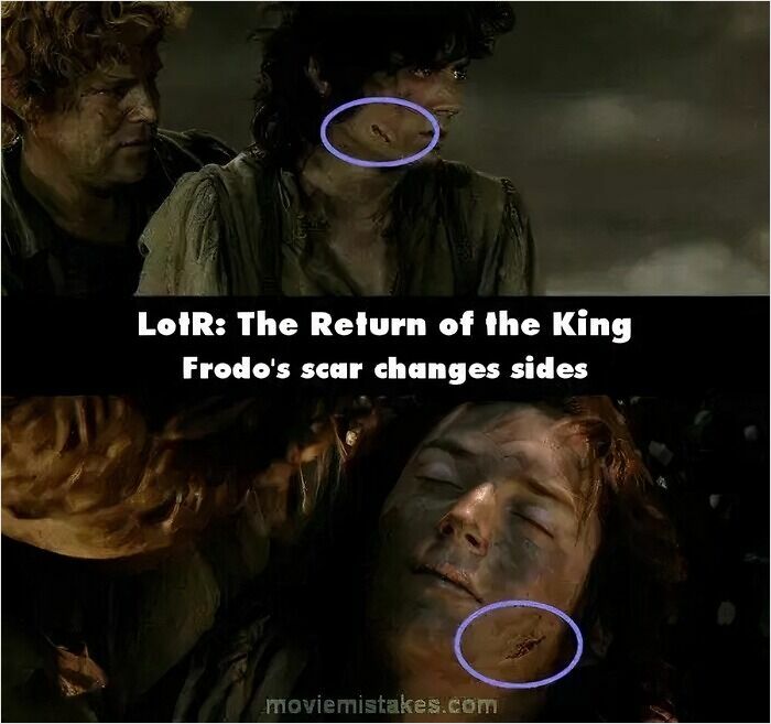 Scene from LotR showing a movie mistake with Frodo's scar changing sides in classic film continuity.