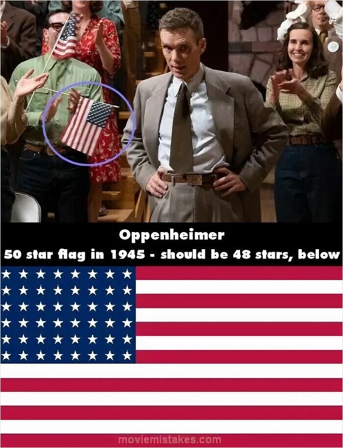 Scene from Oppenheimer showing a 50-star flag error, a notable movie mistake in classic films to watch for.