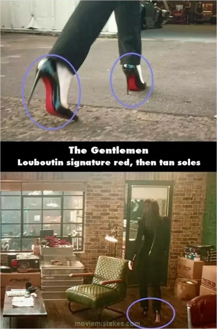 Close-up of movie shoes showing a continuity mistake in classic films with changing sole colors in The Gentlemen.