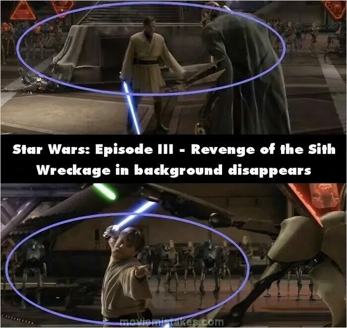 Scene from Star Wars Episode III highlighting a movie mistake with disappearing wreckage in the background.