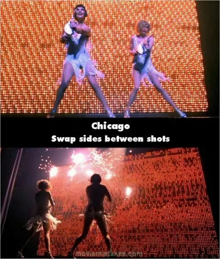 Two dancers from Chicago with side swaps between shots, illustrating common movie mistakes missed by viewers.