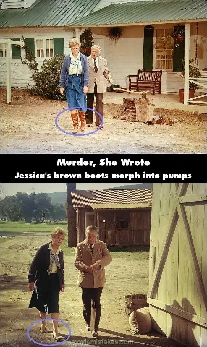 Scene from classic movie showing a continuity error where brown boots change into pumps in a movie mistake.