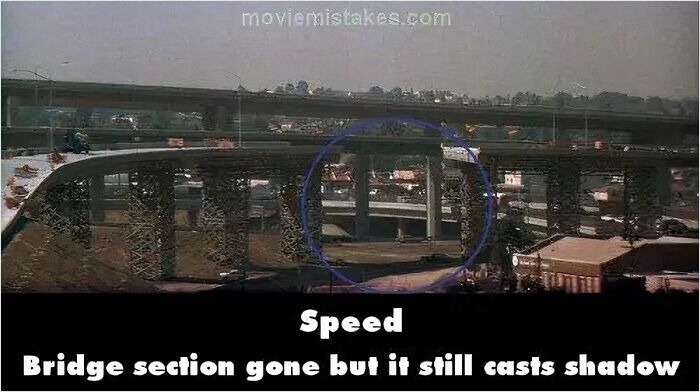 Bridge section missing but still casting shadow, showcasing a notable movie mistake from the classic film Speed.