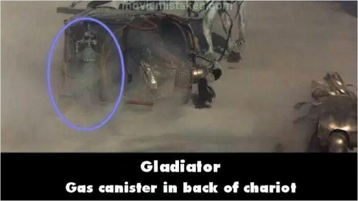 Scene from Gladiator showing a gas canister mistake behind a chariot highlighting movie mistakes in classic films.