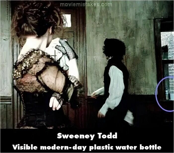 Scene from Sweeney Todd showing a visible modern-day plastic water bottle, highlighting movie mistakes you missed in classics.