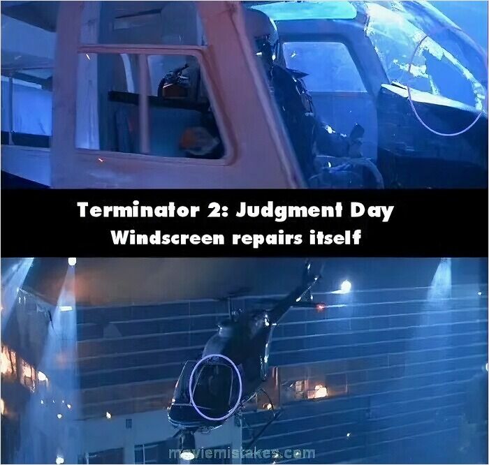 Helicopter windscreen mistake in Terminator 2 movie scene showing self-repairing glass error.