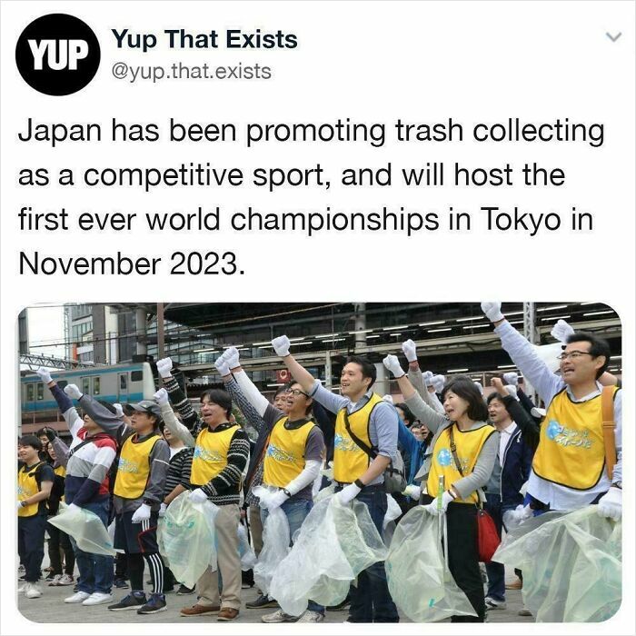 People in yellow vests enthusiastically participating in a trash collecting event, showcasing chaotic good actions.