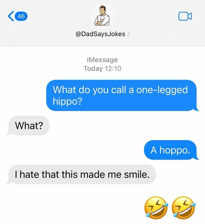 Chat screenshot with dad joke about a one-legged hippo, creating laughter.