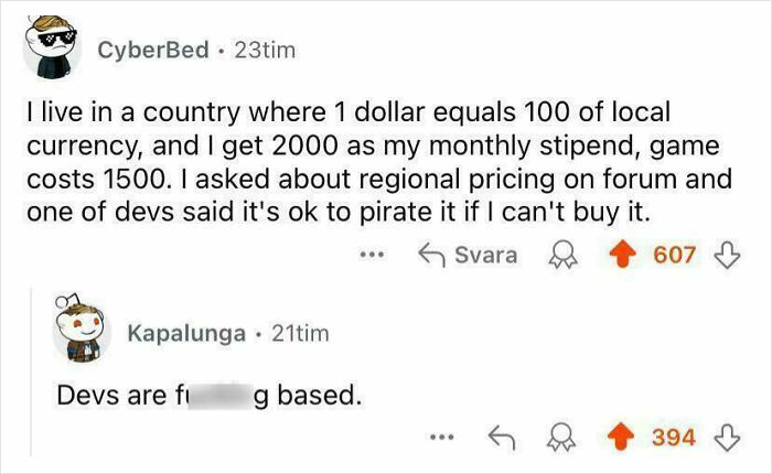 Social media post showing chaotic good actions with a game developer allowing piracy due to regional pricing issues.