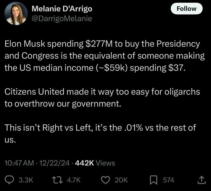 Twitter screenshot discussing money in politics, oligarchs, and government control in a White People Twitter post.