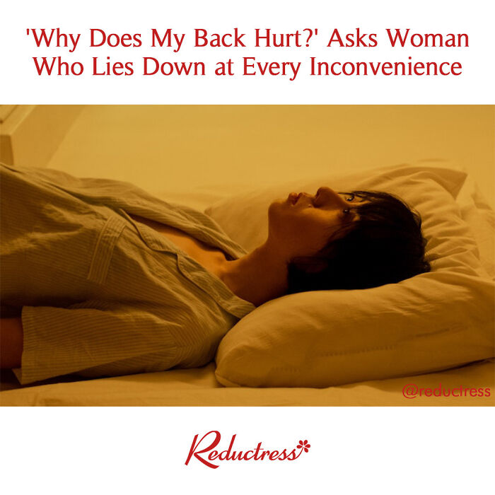 Woman lying on bed looking pensive with humorous fake article headline from Reductress online magazine.