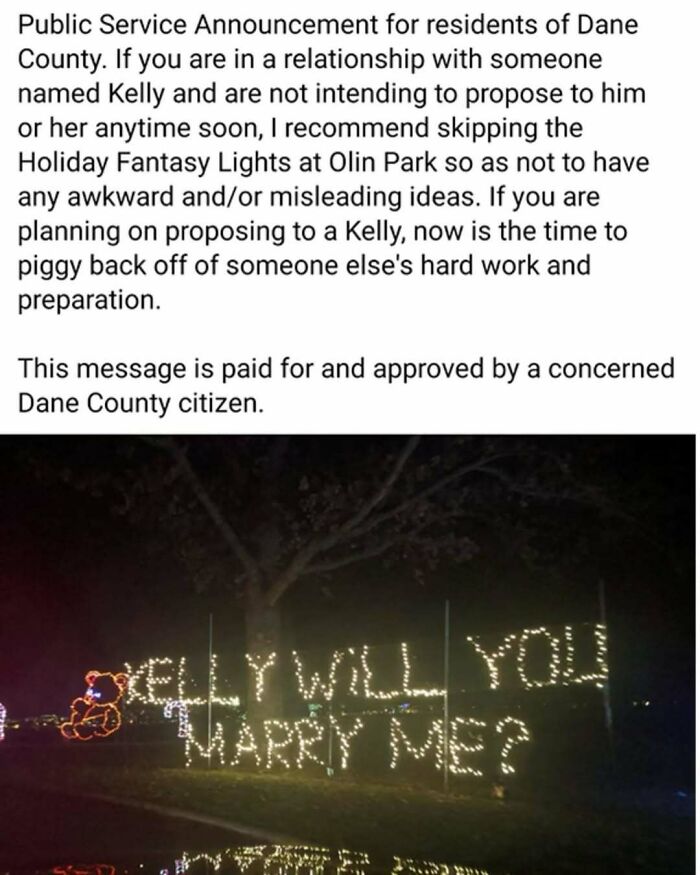 Proposal lights display with a humorous note, warning locals about awkward moments in Dane County; funny meme for men.