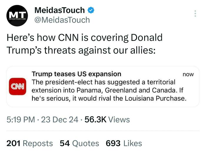 Screenshot of a White People Twitter post criticizing CNN’s coverage of Donald Trump’s territorial expansion threats.