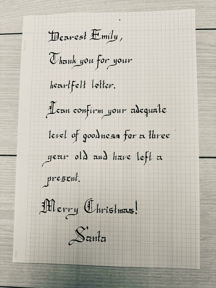 Letter from Santa to Emily, expressing appreciation and confirming goodness, showcasing rewarding moments of being a dad.