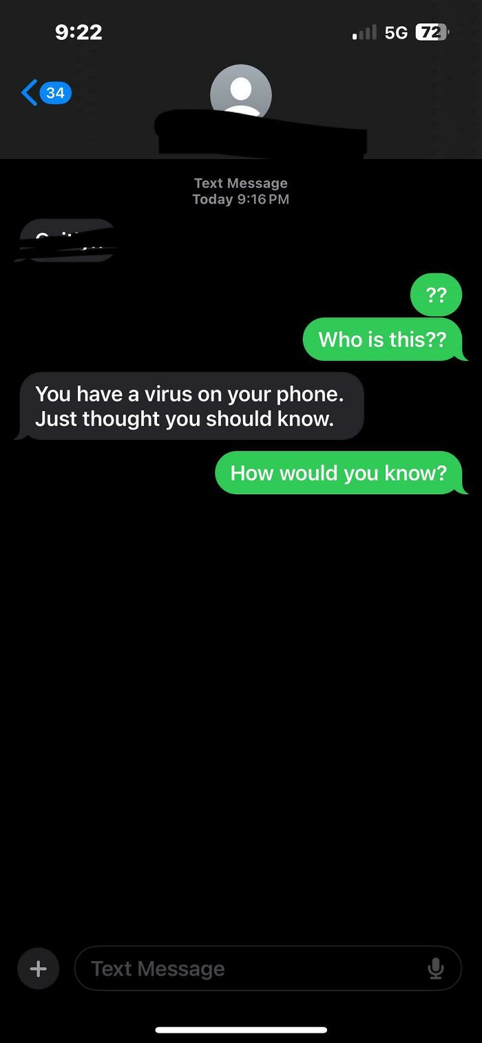 Unhinged wrong number text about a phone virus, sender questioned.