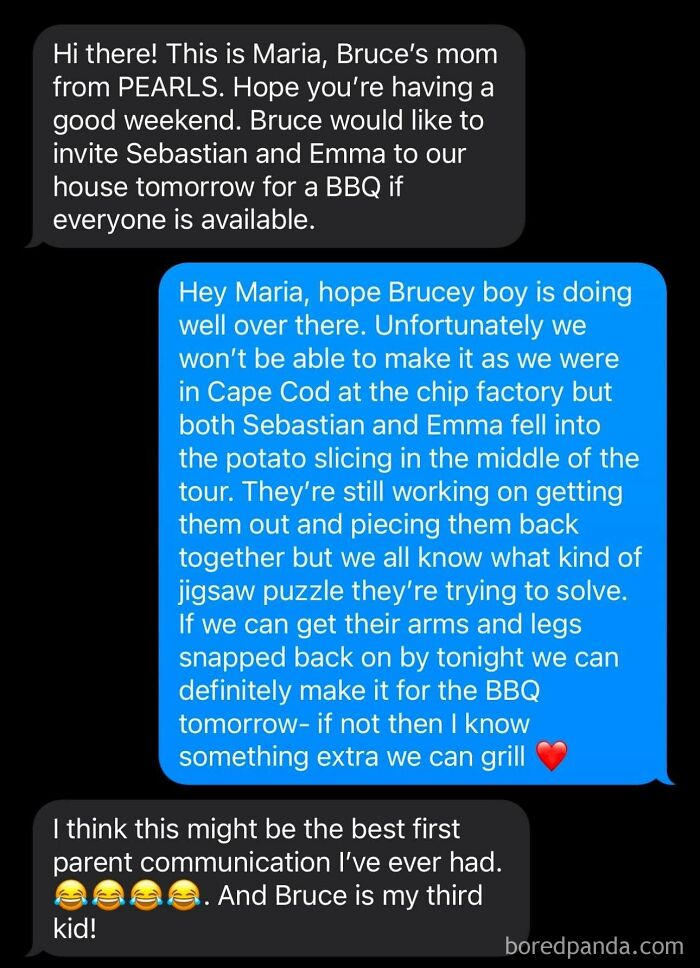 Humorous exchange involving a wrong number about a BBQ invitation and potato slicing mishap.