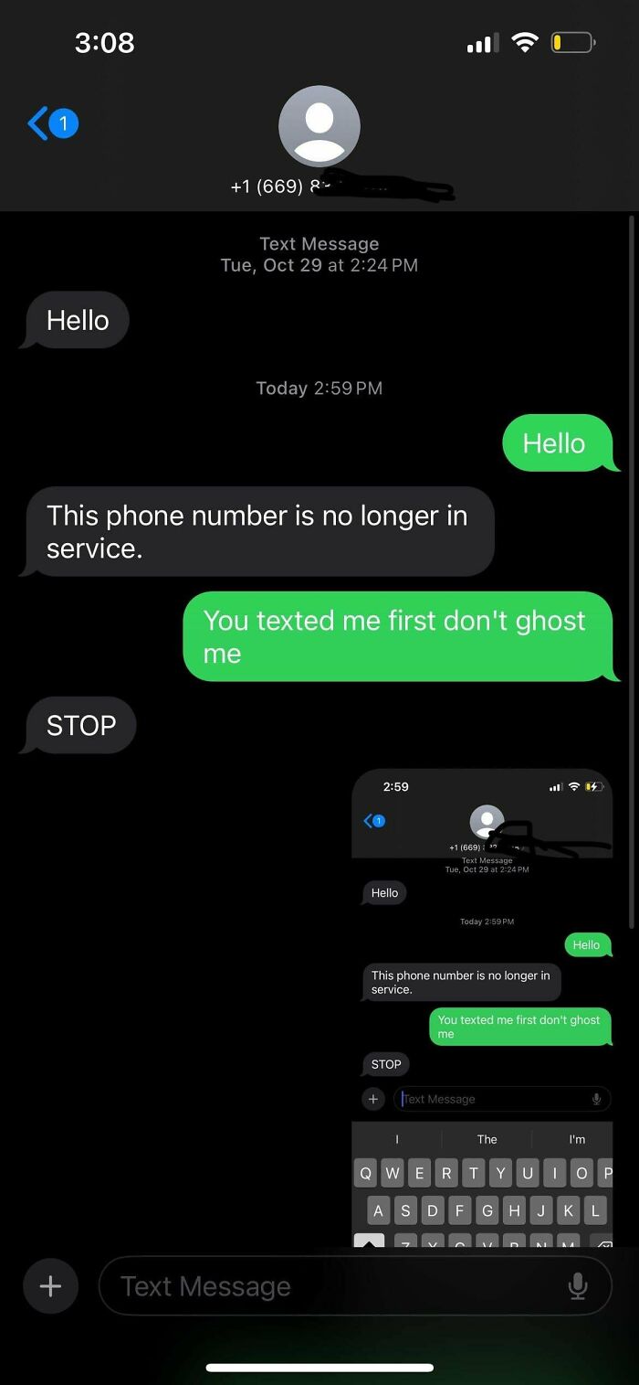 Funny wrong number text exchange with someone asking not to be ghosted.