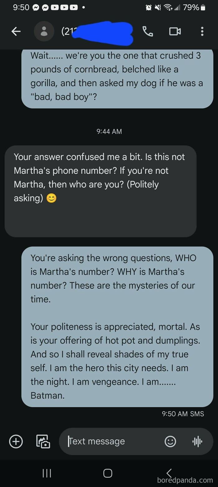 Hilarious wrong number text exchange with mysterious "Batman" reveal.