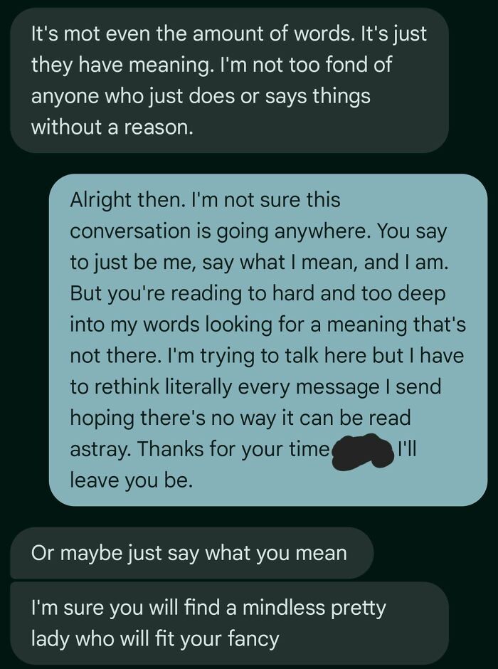 Text exchange highlighting delulu women needing a reality check, with messages about communication misunderstandings.