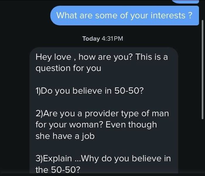 Text conversation with questions about beliefs in 50-50 relationships and being a provider for a woman with a job.