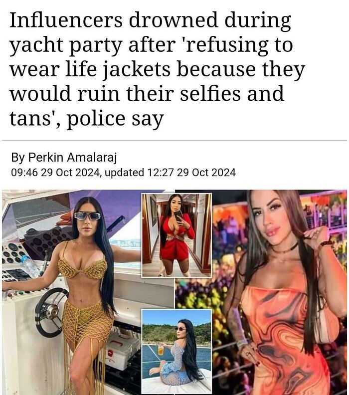 Collage of women in stylish outfits, illustrating a bizarre "brand new sentence" about influencers at a yacht party.