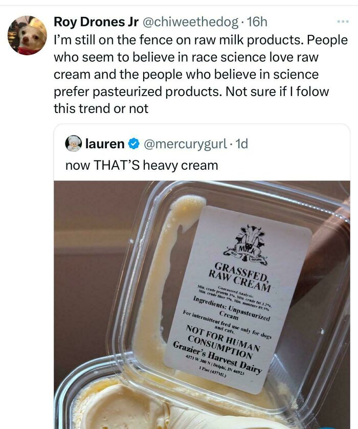 Raw cream packaging with humorous tweets; a bizarre brand new sentence about choosing milk products.