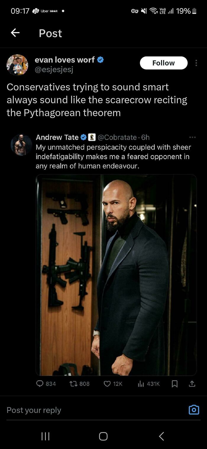 Bizarre brand new sentence contrasting intelligence and reciting Pythagorean theorem humorously on social media.