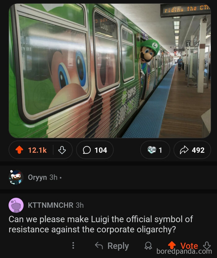 Luigi peeks out of a train with character graphics; text calls for him as a resistance symbol. Bizarre brand new sentences humor.