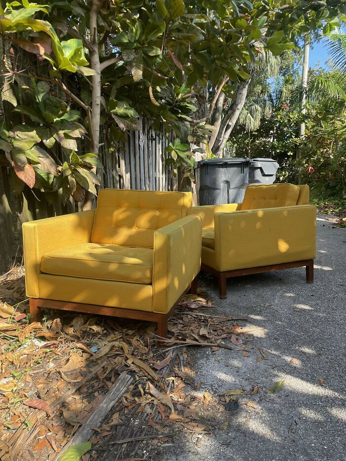 Yellow armchairs found while dumpster diving, placed outdoors next to a trash bin.