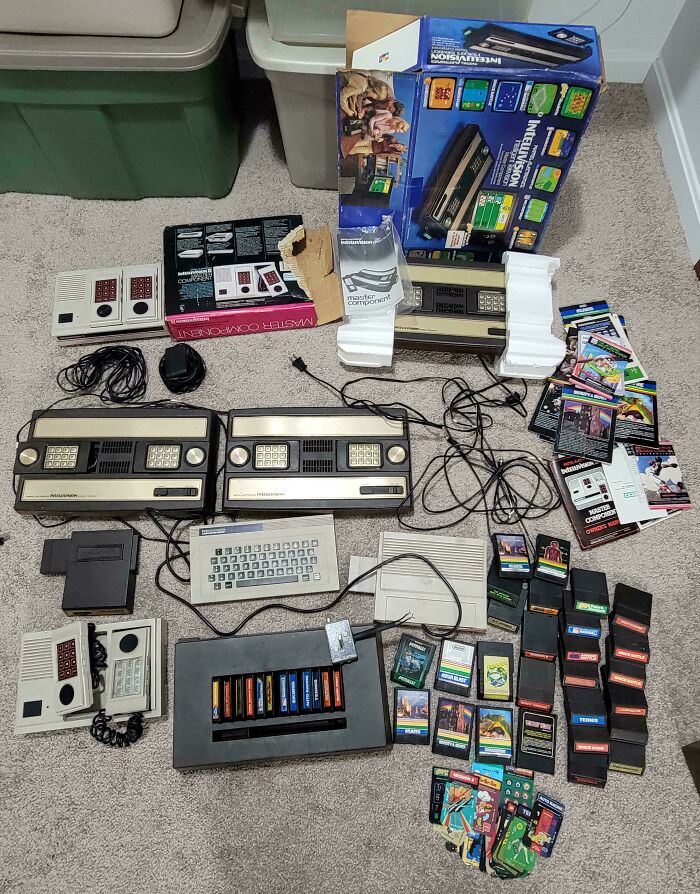 Vintage gaming consoles and cartridges found while dumpster diving.