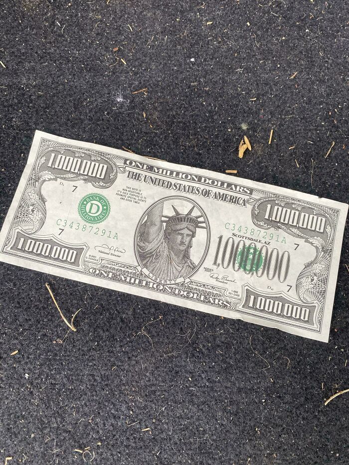 Fake $1,000,000 bill found while dumpster diving, symbolizing unexpected finds and surprises.