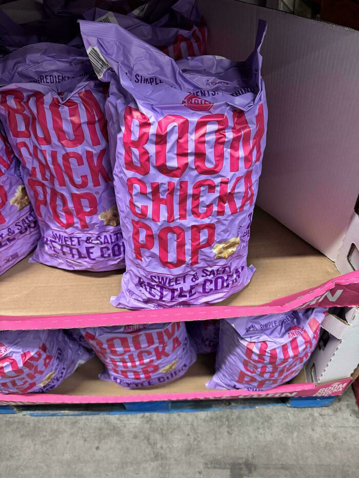 Bags of Boom Chicka Pop sweet and salty kettle corn displayed on store shelves for mildly interesting finds.