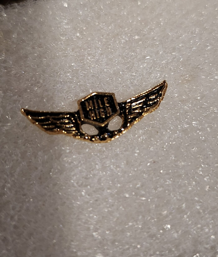 Gold "Mile High" pin with wings on textured white background, representing mildly interesting design.