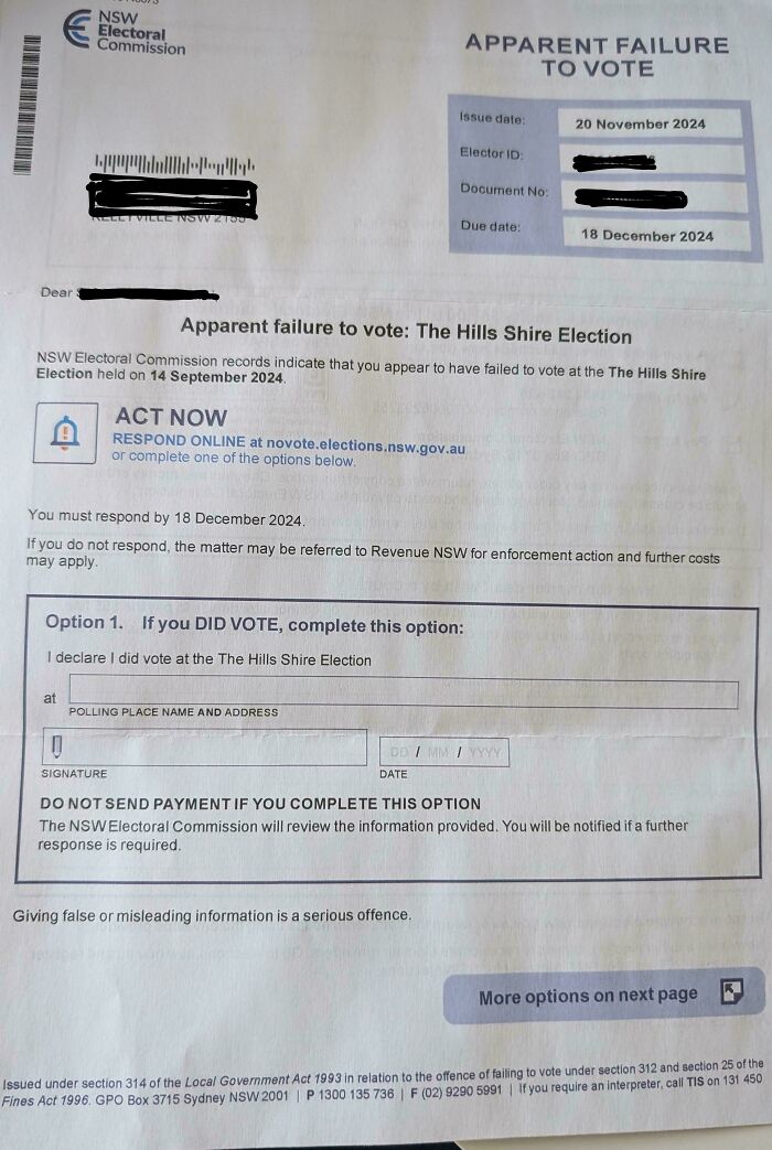 Letter from NSW Electoral Commission about apparent failure to vote, with options to respond before the deadline.