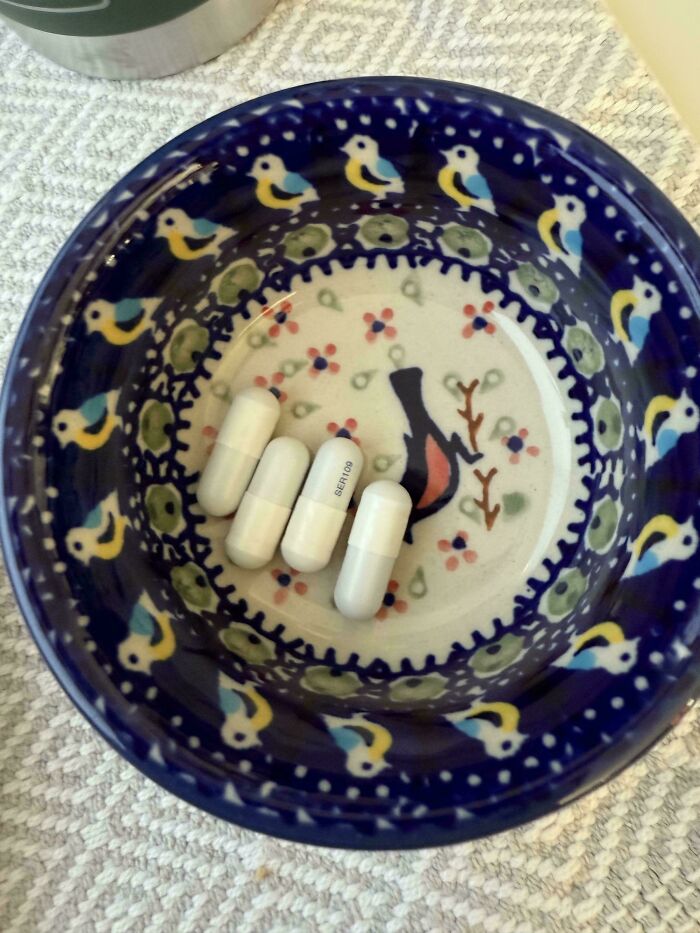 Blue ceramic bowl with bird pattern, holding five large capsules, offering mildly interesting visual appeal.
