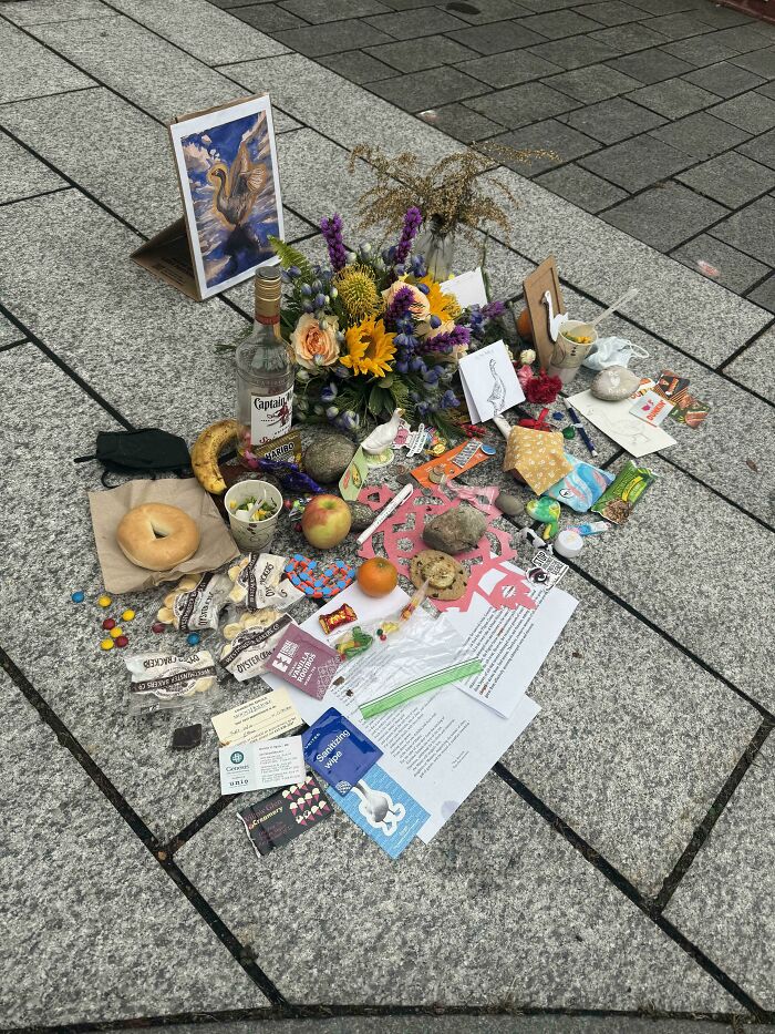 Mildly interesting collection of items on pavement, featuring flowers, snacks, and a framed swan picture.