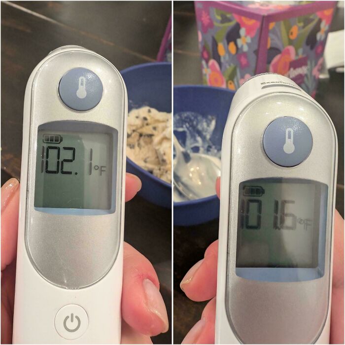 Digital thermometer showing 102.1°F and 16°F next to a bowl, highlighting mildly interesting measurement contrast.