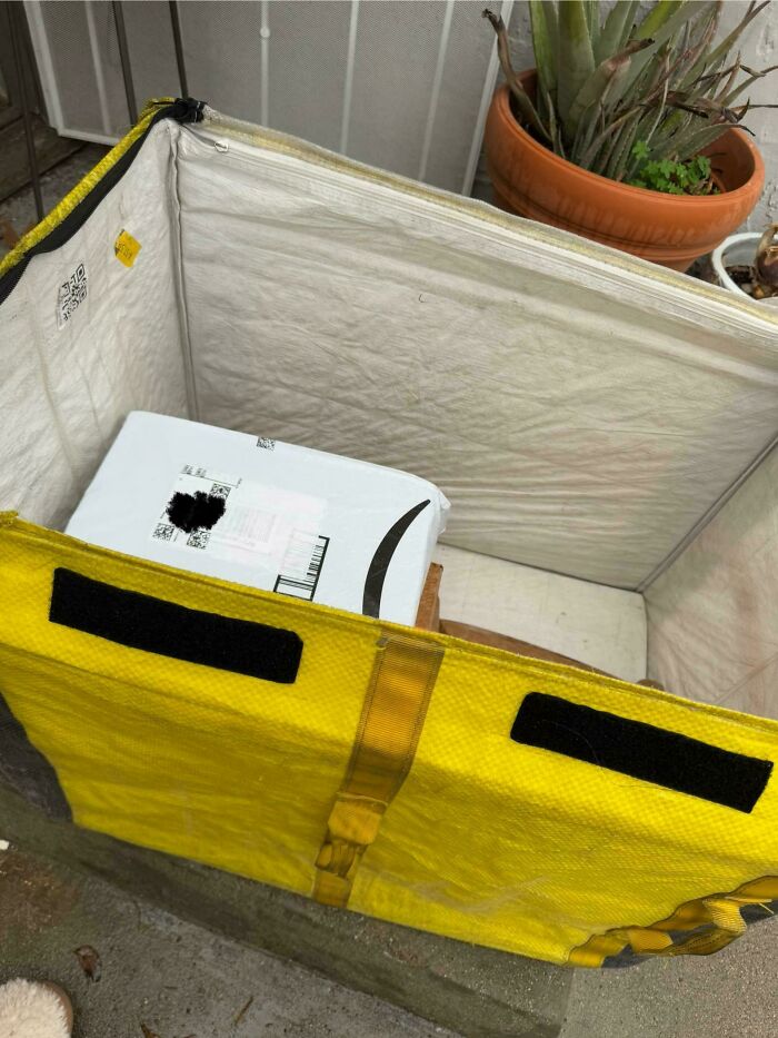 Yellow delivery bag with an Amazon package inside, placed on a doorstep. Mildly interesting detail with a plant nearby.
