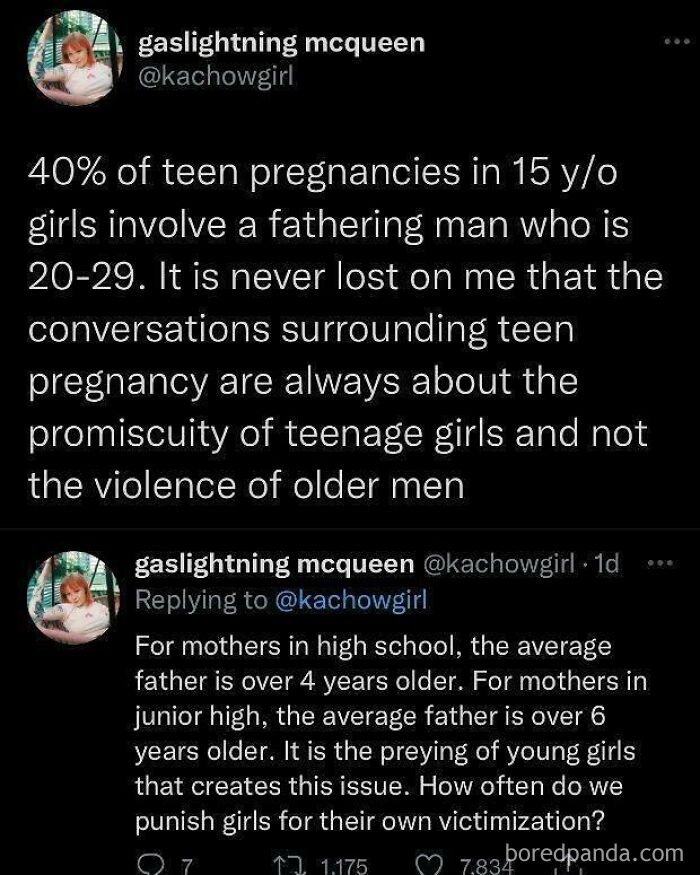 A tweet addressing sexism by highlighting statistics about teen pregnancies and the age of fathers.