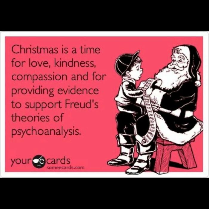 Funny meme showing a boy sitting on Santa's lap with text about Christmas and Freud's psychoanalysis theories.
